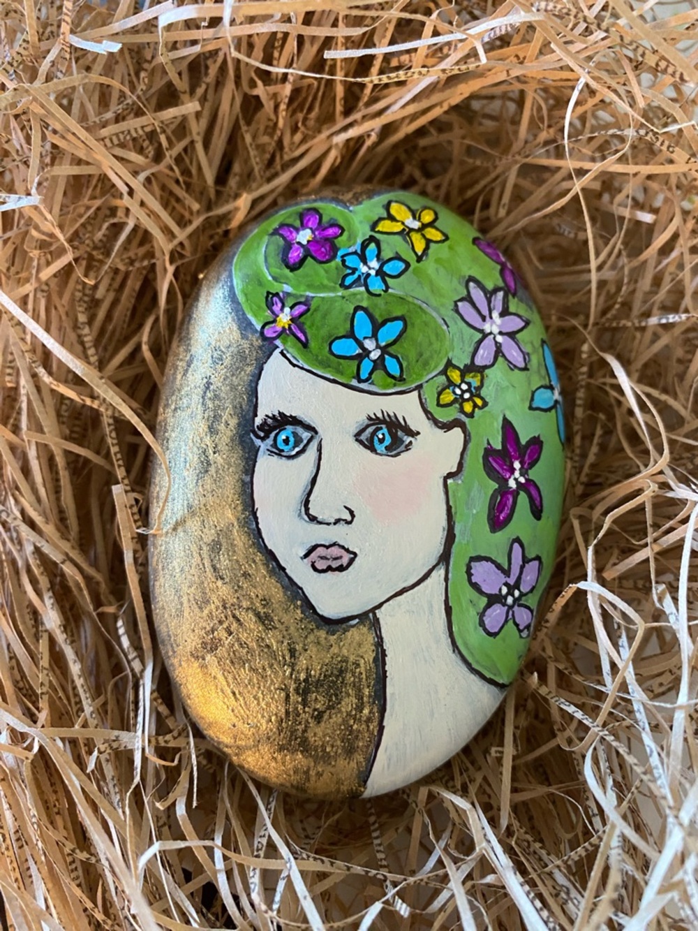 Rock Art Portrait of a Woman on Natural Stone